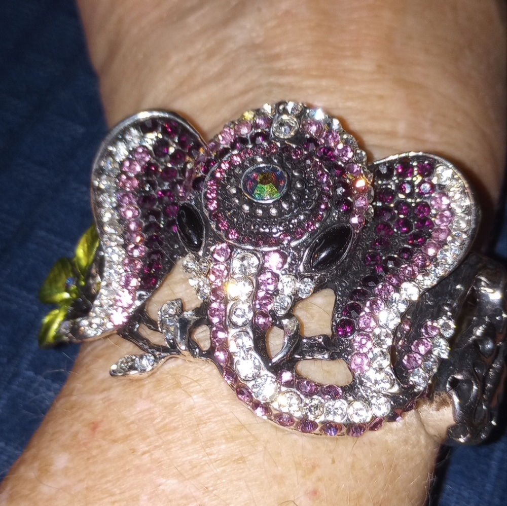 Purple jeweled Elephant hinged cuff silver tone bracelet
